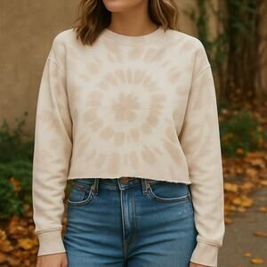 Madewell SZ L Cotton Blend Tie-Dye Crop Sweatshirt Cream & White Boho